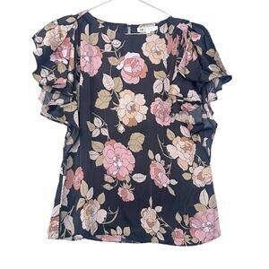 DR2 with Daniel Rainn Floral Double Ruffle Sleeve satin Top blouse Size small